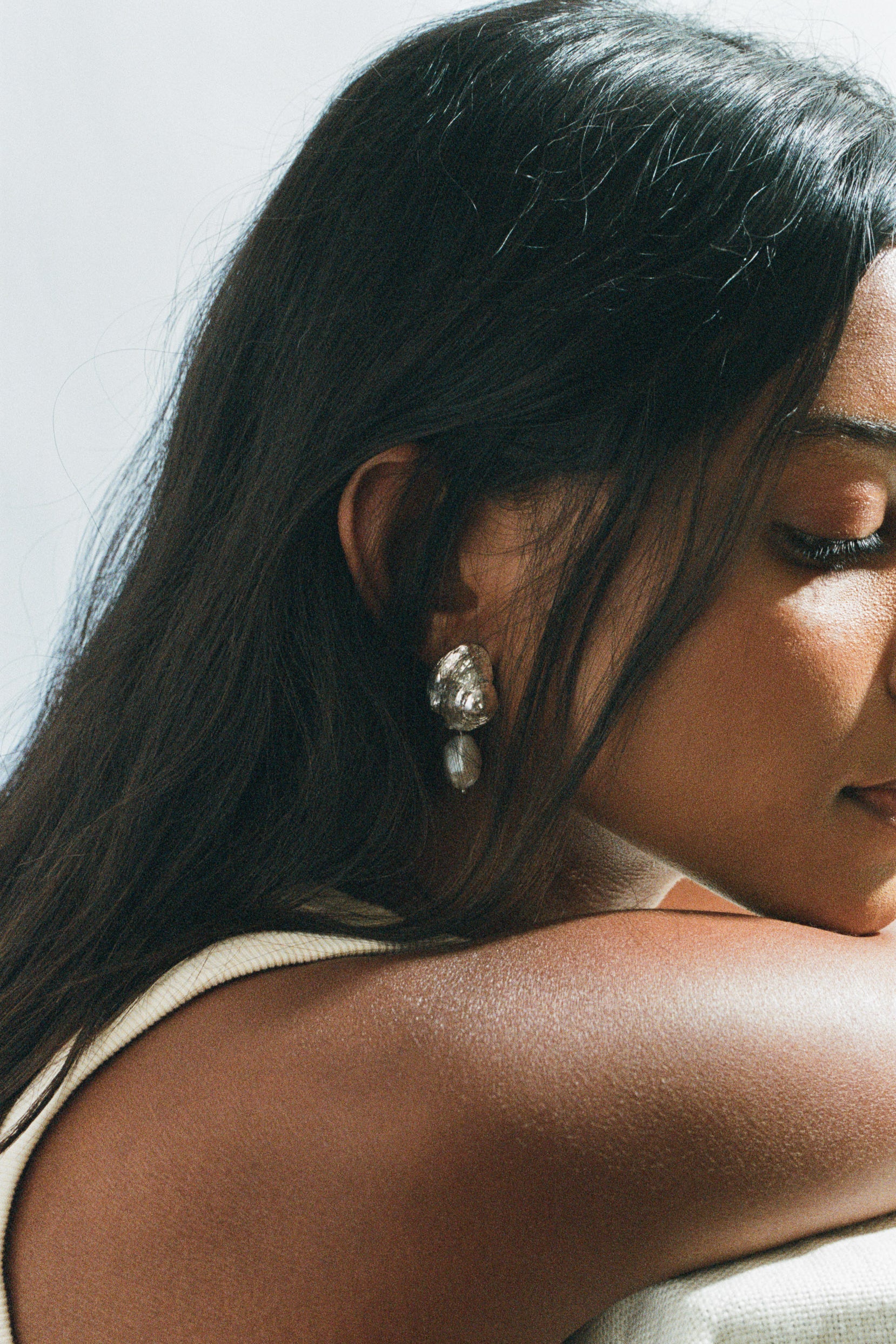 Pearl and shell drop earrings in silver