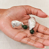silver shell and green bead drop earrings
