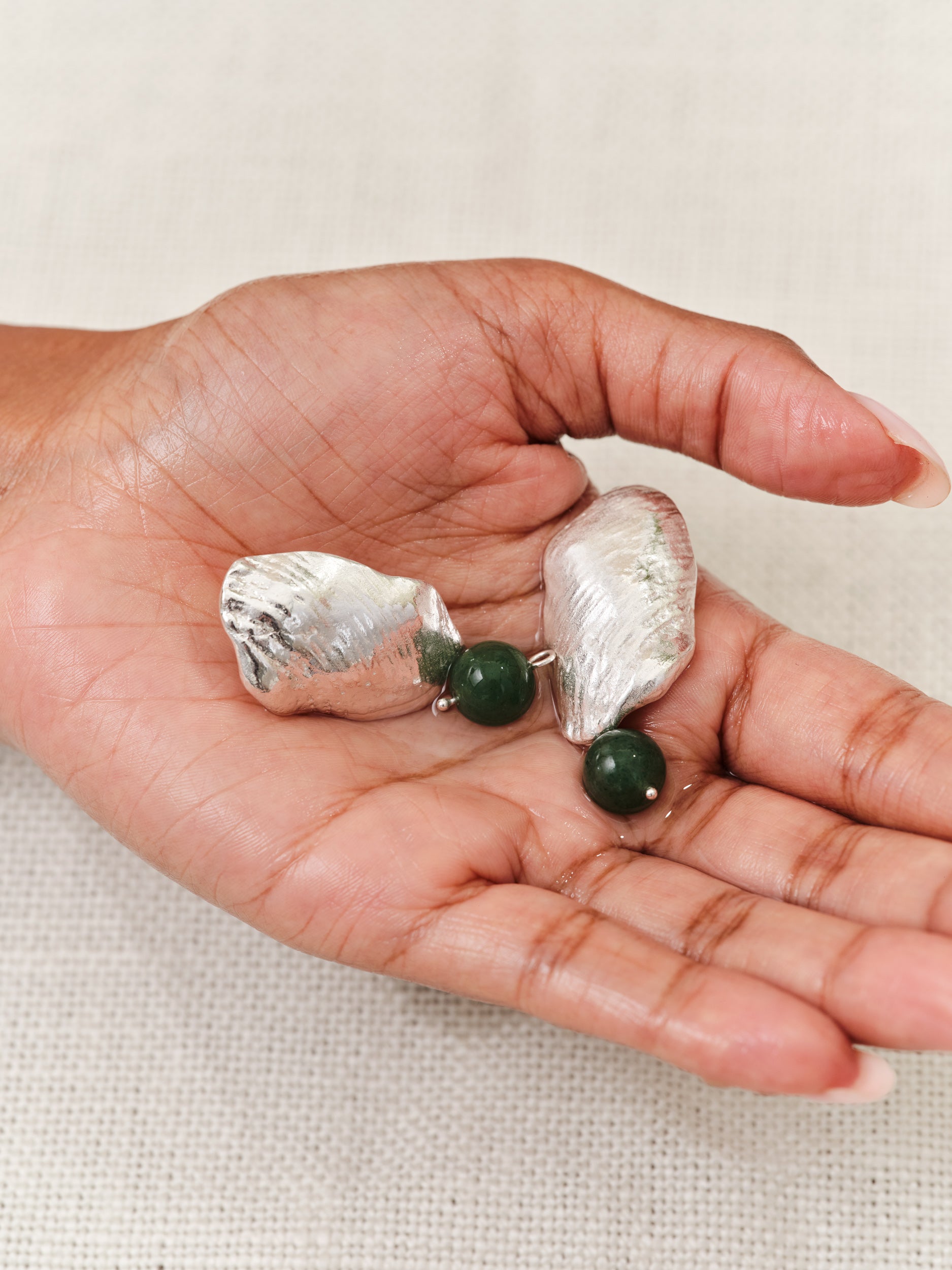 silver shell and green bead drop earrings